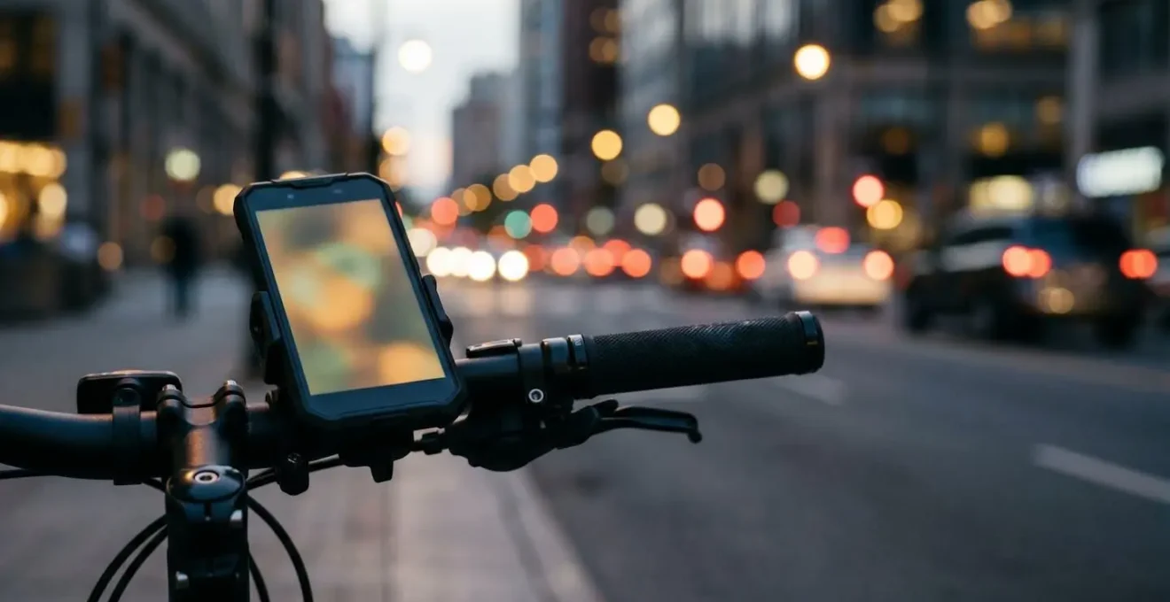Écran de smartphone affichant une interface de navigation multimodale avec des icônes de transport en arrière-plan urbain flou