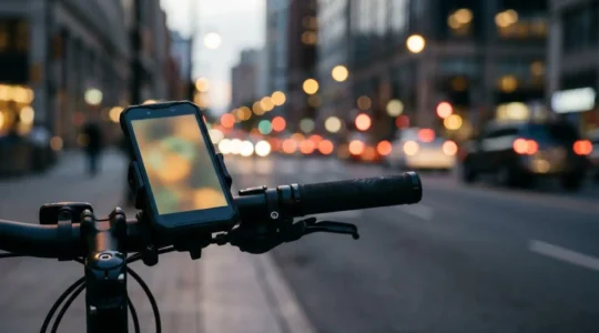 Écran de smartphone affichant une interface de navigation multimodale avec des icônes de transport en arrière-plan urbain flou