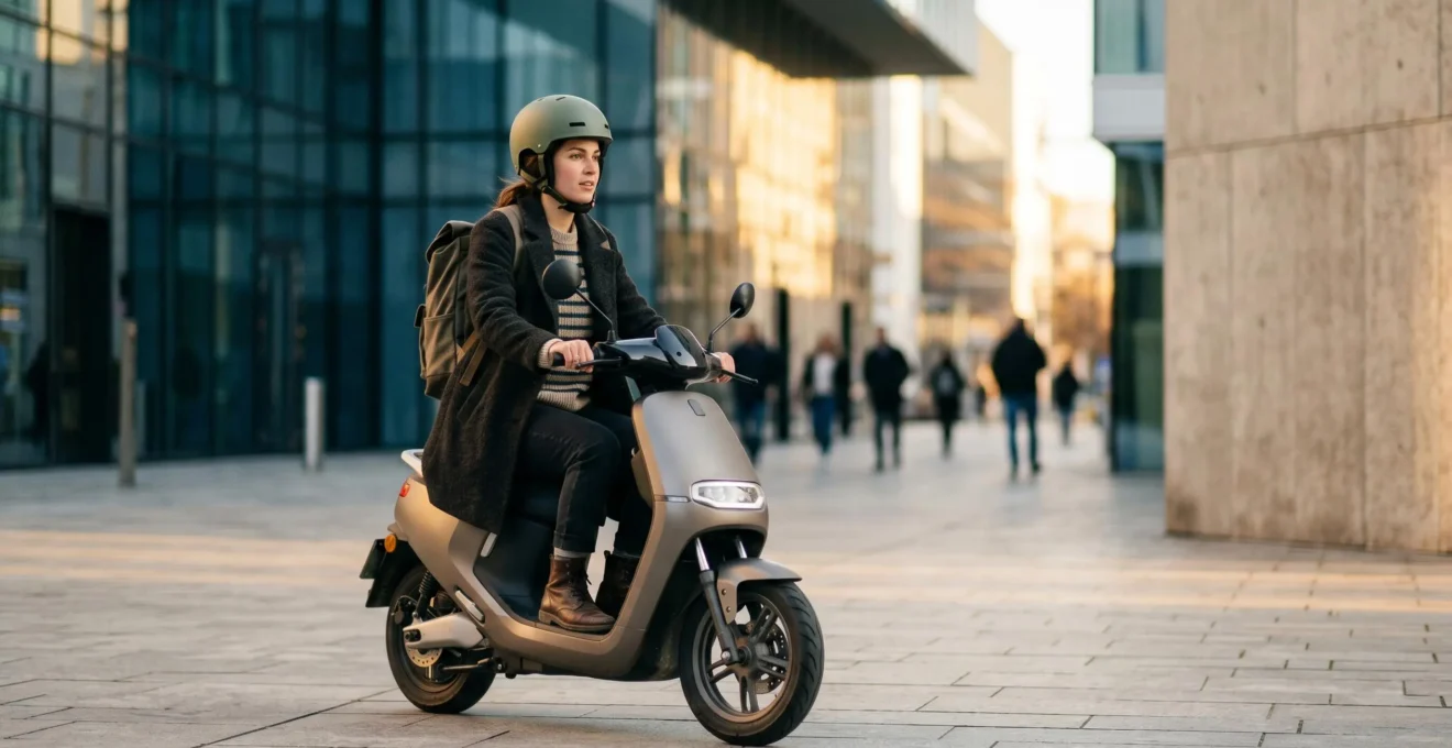 Scootériste urbain en milieu citadin illustrant la mobilité quotidienne en deux-roues