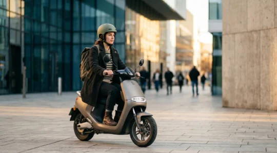 Scootériste urbain en milieu citadin illustrant la mobilité quotidienne en deux-roues