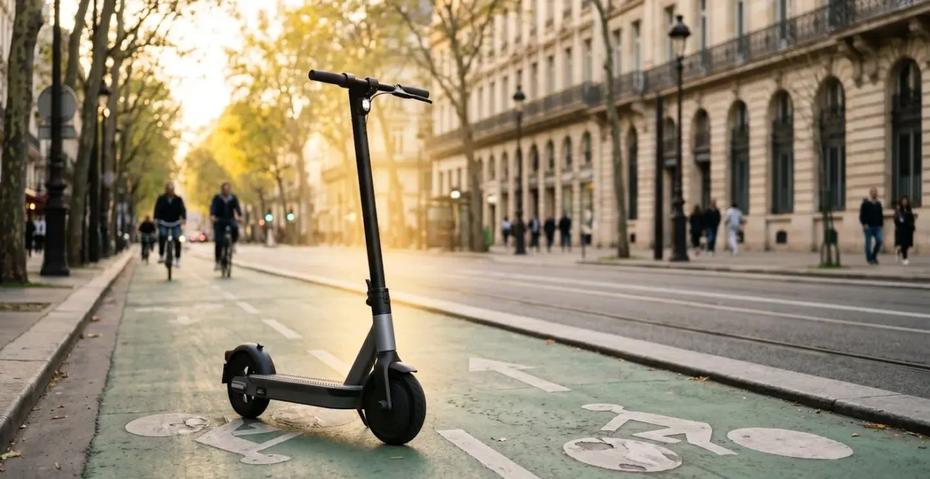Scène urbaine avec trottinette électrique stationnée sur piste cyclable et documents d'assurance symboliques