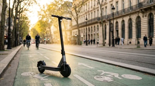 Scène urbaine avec trottinette électrique stationnée sur piste cyclable et documents d'assurance symboliques