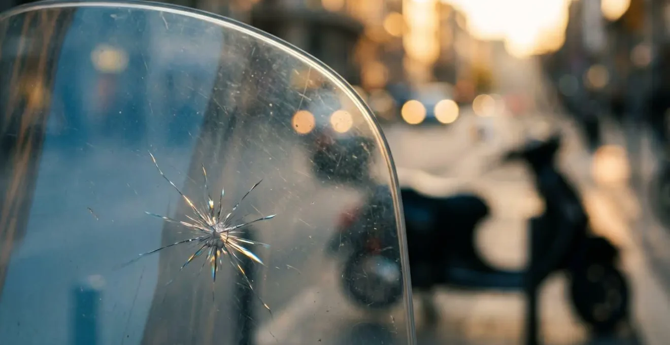 Gros plan sur une bulle de scooter transparente avec un impact visible, concept d'assurance et de protection des équipements vitrés