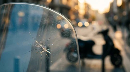 Gros plan sur une bulle de scooter transparente avec un impact visible, concept d'assurance et de protection des équipements vitrés