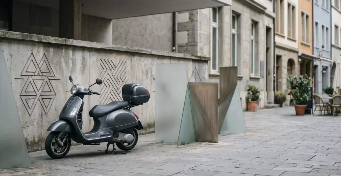 Scooter de moyenne cylindrée stationné avec éléments symbolisant le choix d'assurance