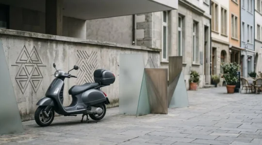 Scooter de moyenne cylindrée stationné avec éléments symbolisant le choix d'assurance