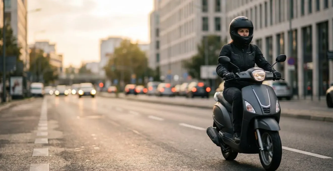 Motard sur scooter circulant dans un environnement urbain avec équipements de sécurité