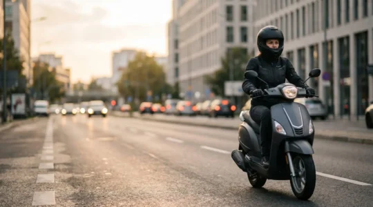 Motard sur scooter circulant dans un environnement urbain avec équipements de sécurité