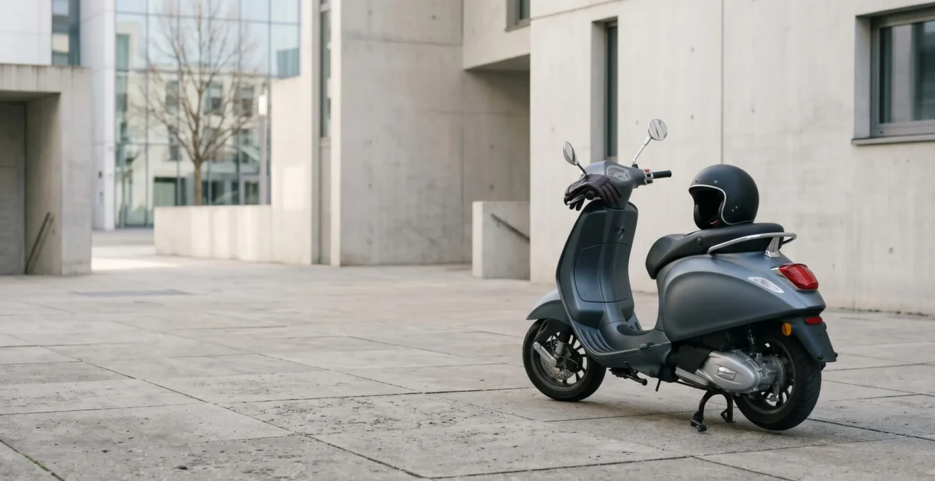 Scooter moderne stationné dans un environnement urbain aéré avec espace négatif