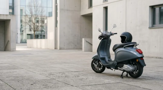 Scooter moderne stationné dans un environnement urbain aéré avec espace négatif