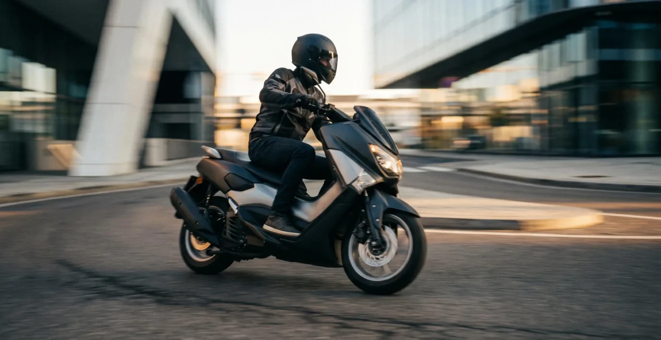 Scooter en mouvement avec effet de vitesse visible dans un environnement urbain sécurisé illustrant le concept d'énergie cinétique