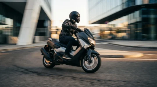 Scooter en mouvement avec effet de vitesse visible dans un environnement urbain sécurisé illustrant le concept d'énergie cinétique