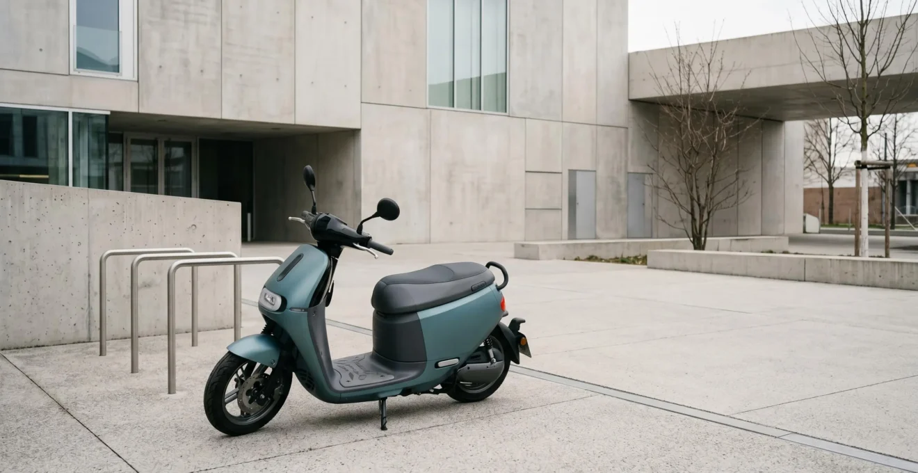 Vue grand angle d'un scooter deux places stationné dans un environnement urbain minimaliste avec espace négatif