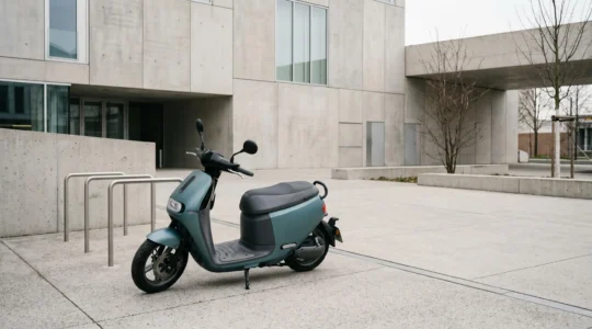 Vue grand angle d'un scooter deux places stationné dans un environnement urbain minimaliste avec espace négatif