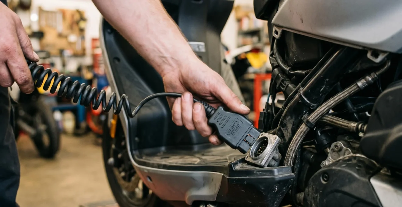 Outil de diagnostic OBD branché sur un scooter moderne pour analyse électronique