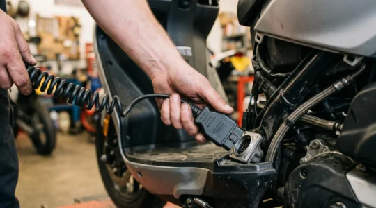 Outil de diagnostic OBD branché sur un scooter moderne pour analyse électronique