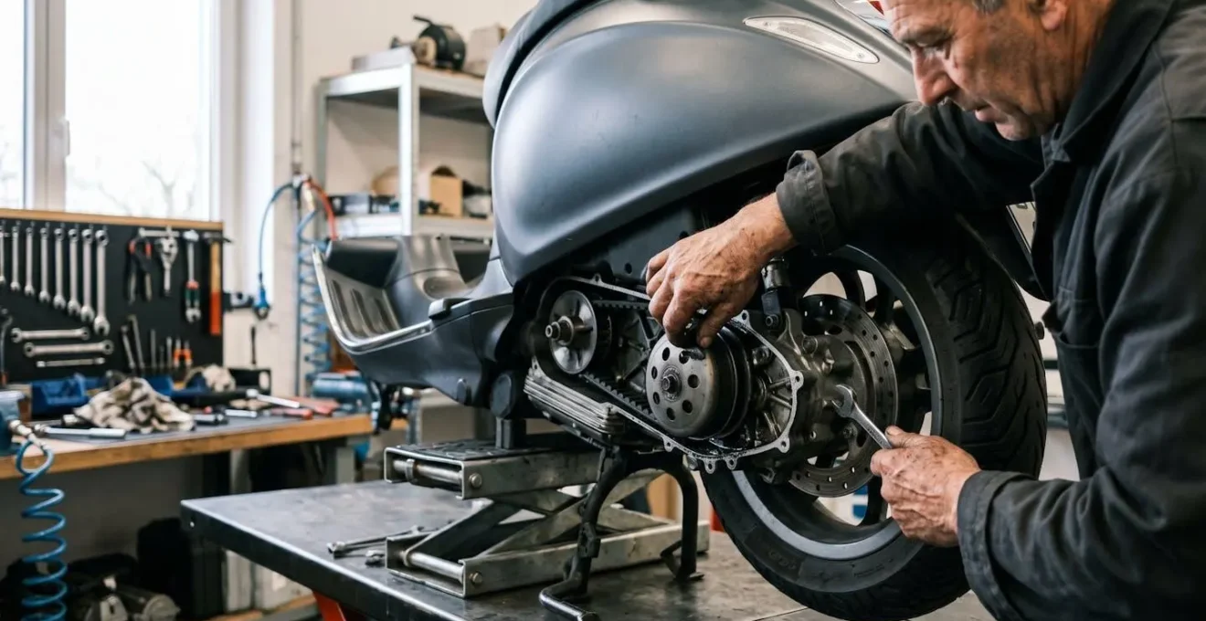 Mécanicien inspectant les composants vitaux d'un scooter moderne en atelier professionnel
