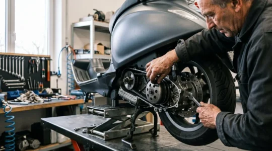 Mécanicien inspectant les composants vitaux d'un scooter moderne en atelier professionnel