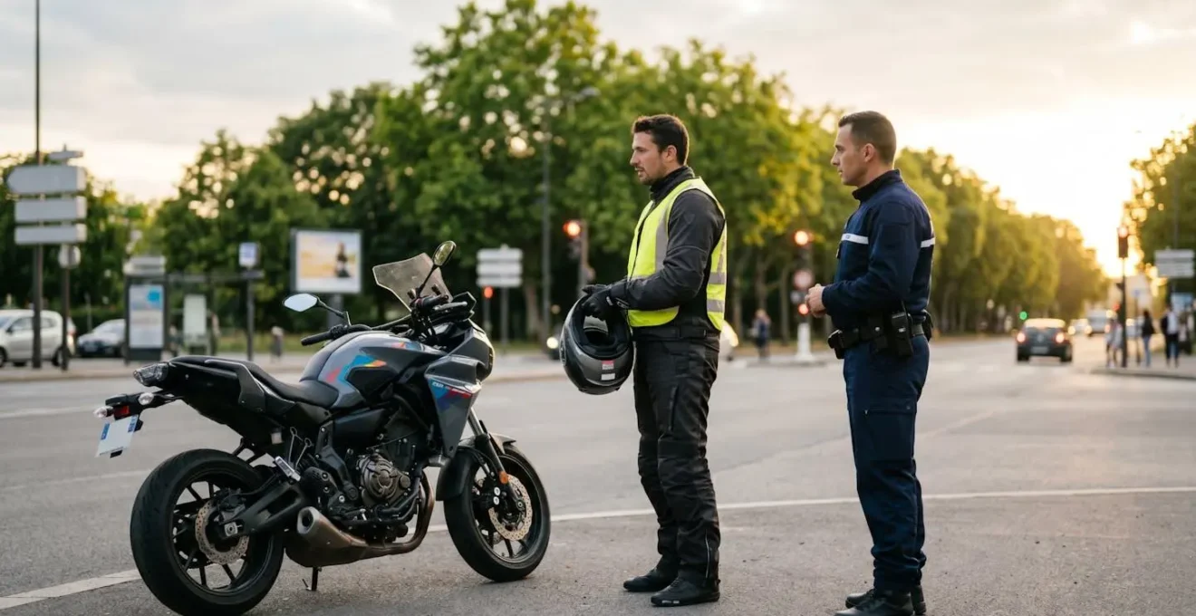 Motard équipé des protections obligatoires lors d'un contrôle de sécurité routière