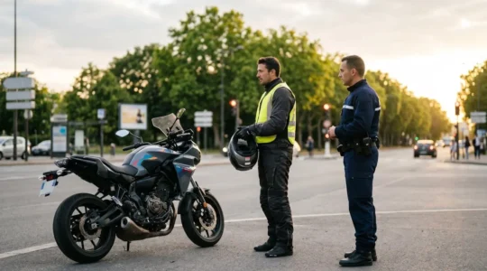 Motard équipé des protections obligatoires lors d'un contrôle de sécurité routière