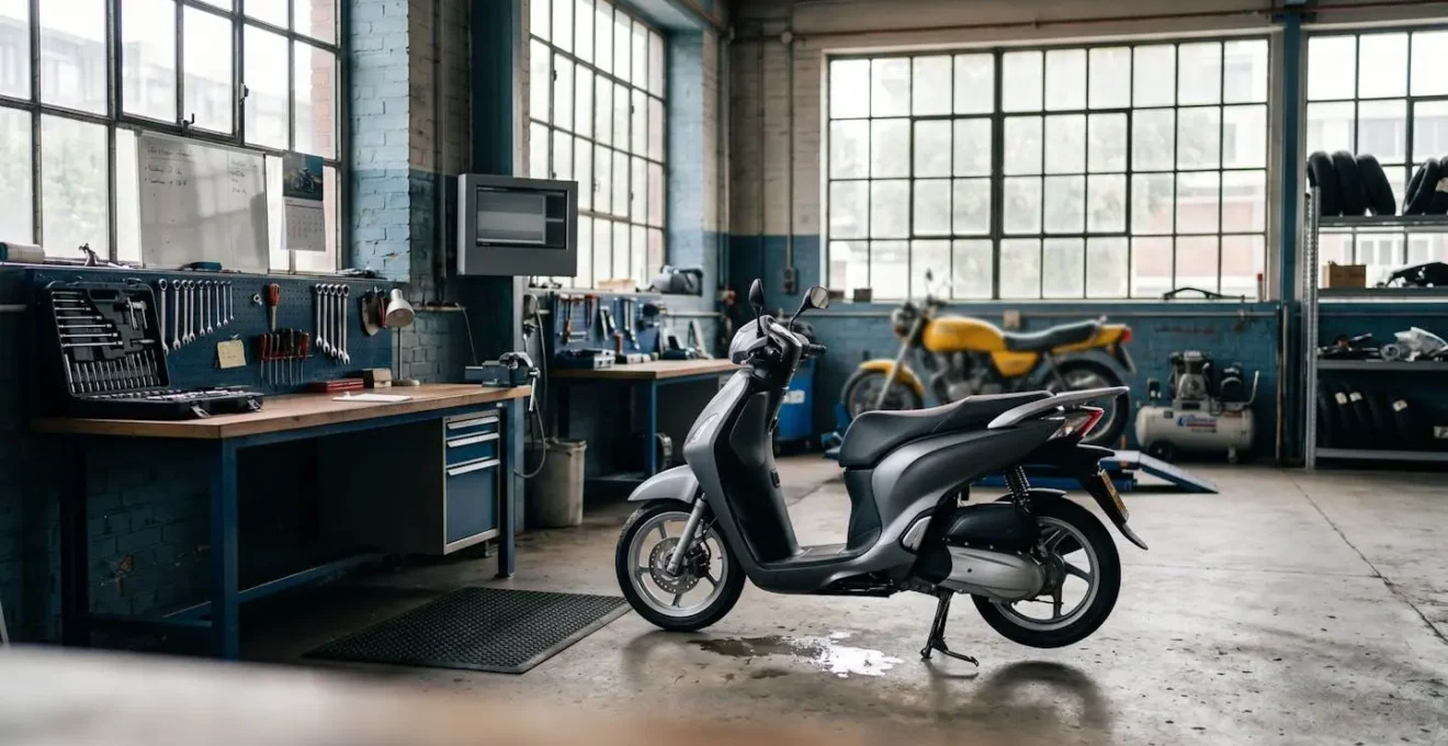 Scooter moderne dans un atelier de réparation automobile professionnel avec espace de travail épuré