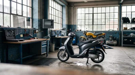 Scooter moderne dans un atelier de réparation automobile professionnel avec espace de travail épuré