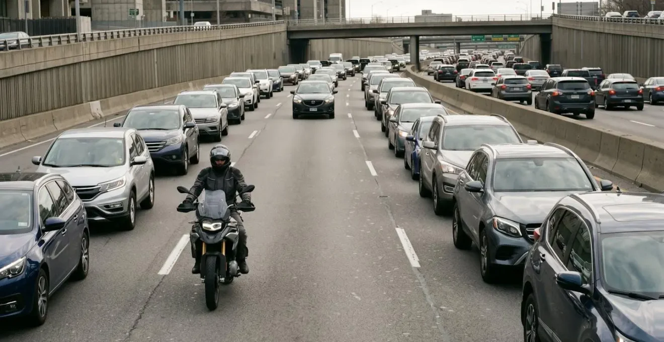 Motard circulant en interfile entre les files de voitures dans un environnement urbain dense