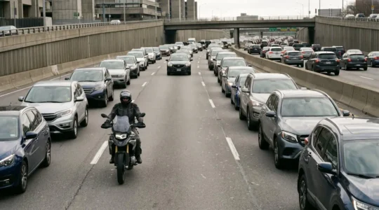 Motard circulant en interfile entre les files de voitures dans un environnement urbain dense