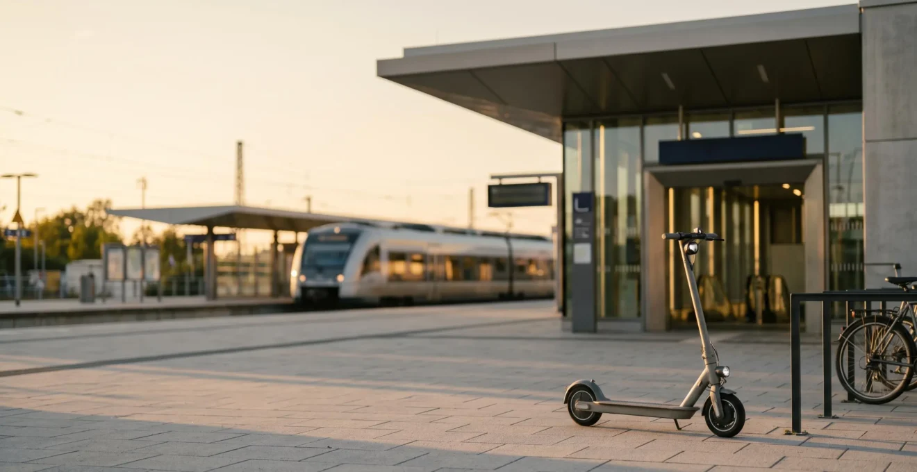 Un scooter stationné près d'une gare, illustrant la mobilité multimodale entre deux-roues et transport ferroviaire