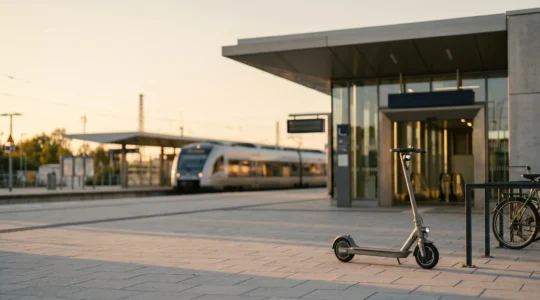 Un scooter stationné près d'une gare, illustrant la mobilité multimodale entre deux-roues et transport ferroviaire