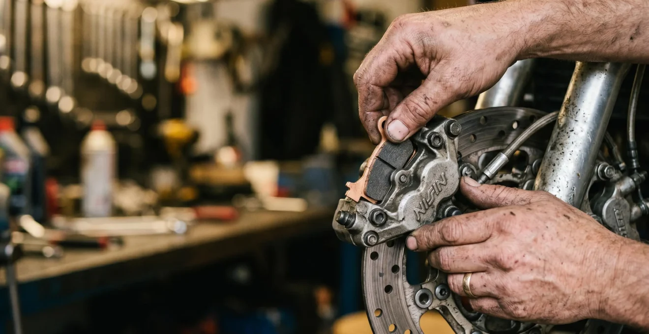Mains d'un mécanicien en gros plan travaillant sur un étrier de frein de scooter avec des plaquettes neuves