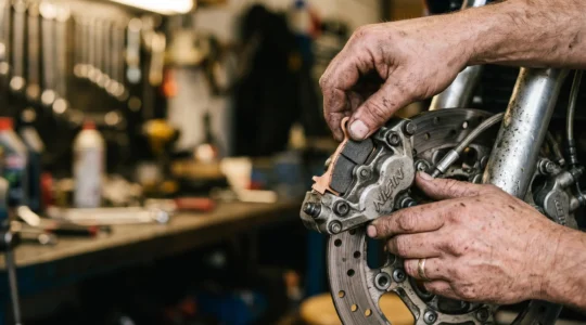 Mains d'un mécanicien en gros plan travaillant sur un étrier de frein de scooter avec des plaquettes neuves