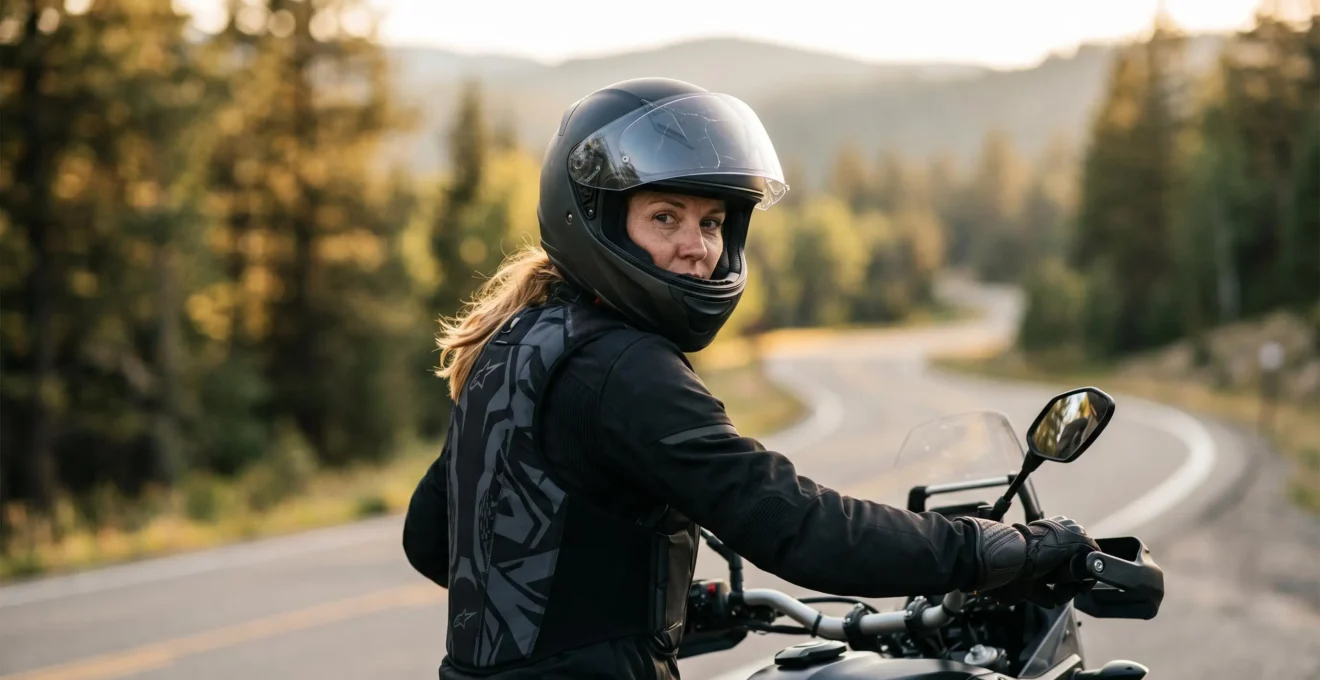 Motard équipé d'un gilet airbag moderne sur une route, symbole de sécurité et de protection avancée en deux-roues