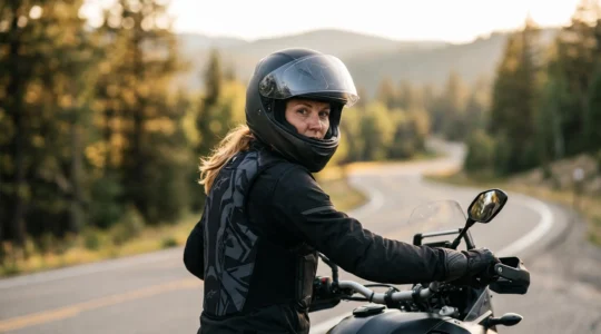 Motard équipé d'un gilet airbag moderne sur une route, symbole de sécurité et de protection avancée en deux-roues