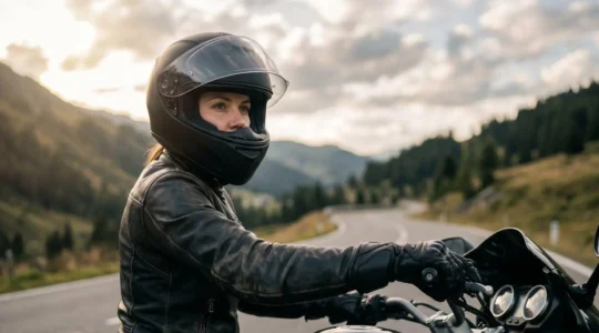 Motard consultant un GPS en toute sécurité sur une route sinueuse