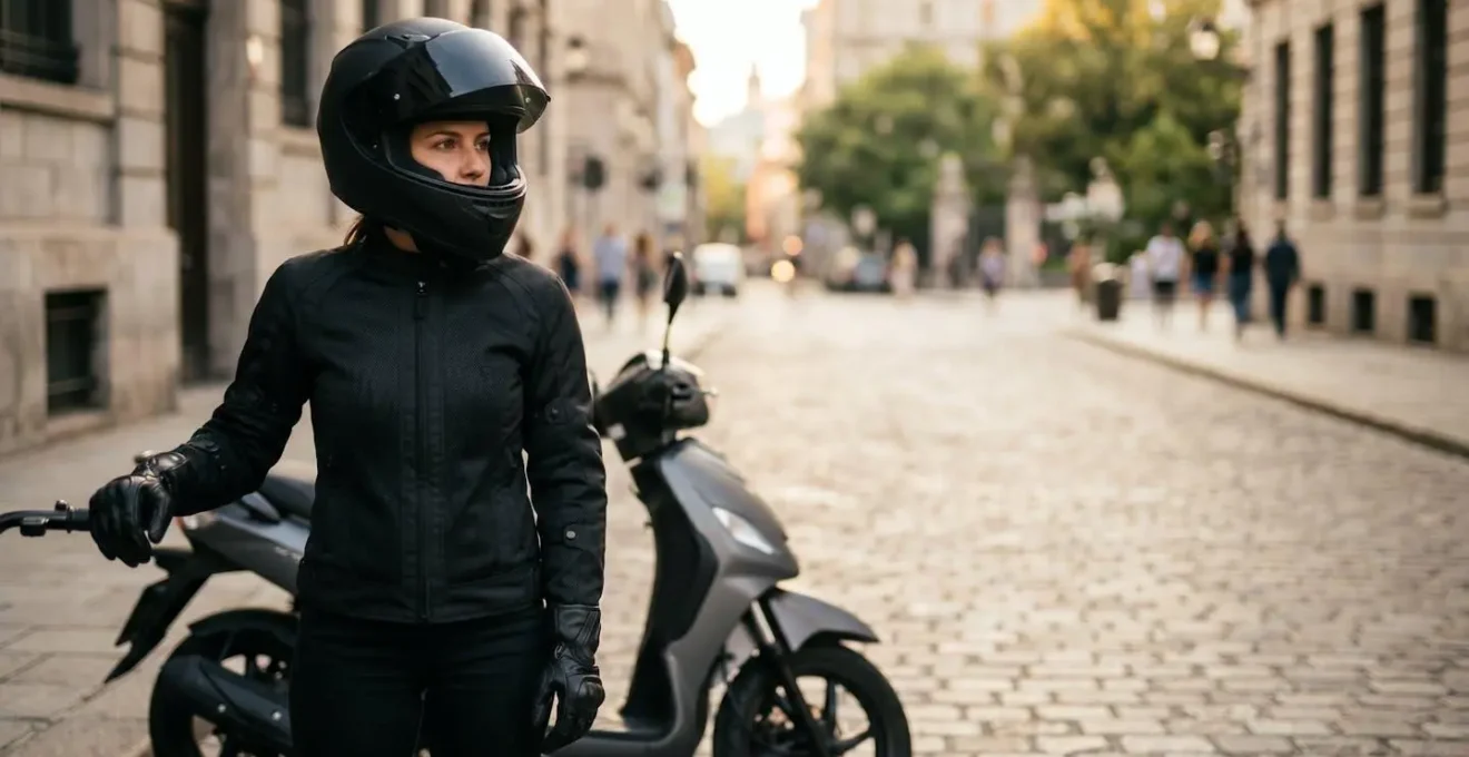 Motard urbain en tenue complète de protection sur scooter moderne, symbolisant la sécurité et l'assurance responsable