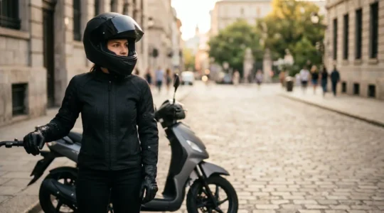 Motard urbain en tenue complète de protection sur scooter moderne, symbolisant la sécurité et l'assurance responsable