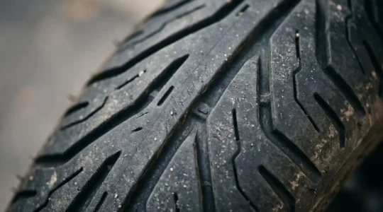 Gros plan photographique sur un pneu de scooter avec sculptures visibles, éclairage naturel doux