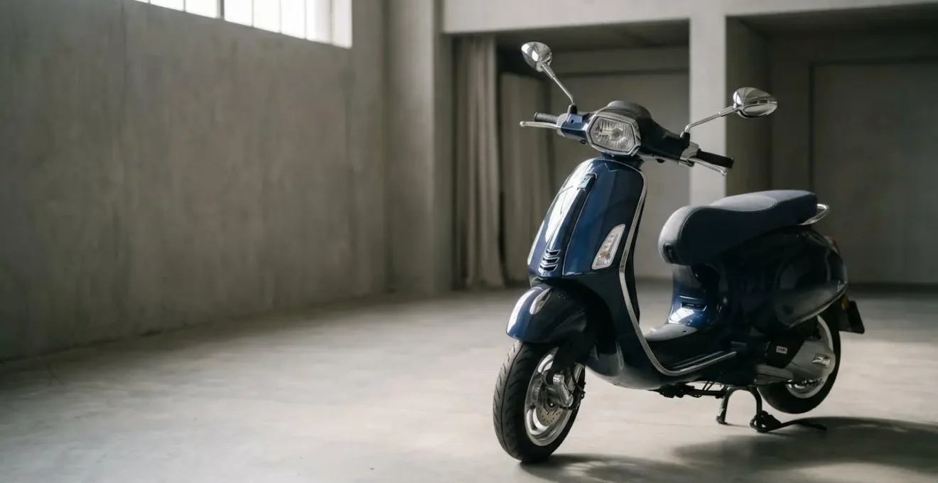 Détail d'un scooter moderne méticuleusement entretenu dans un environnement protégé