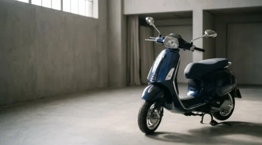 Détail d'un scooter moderne méticuleusement entretenu dans un environnement protégé