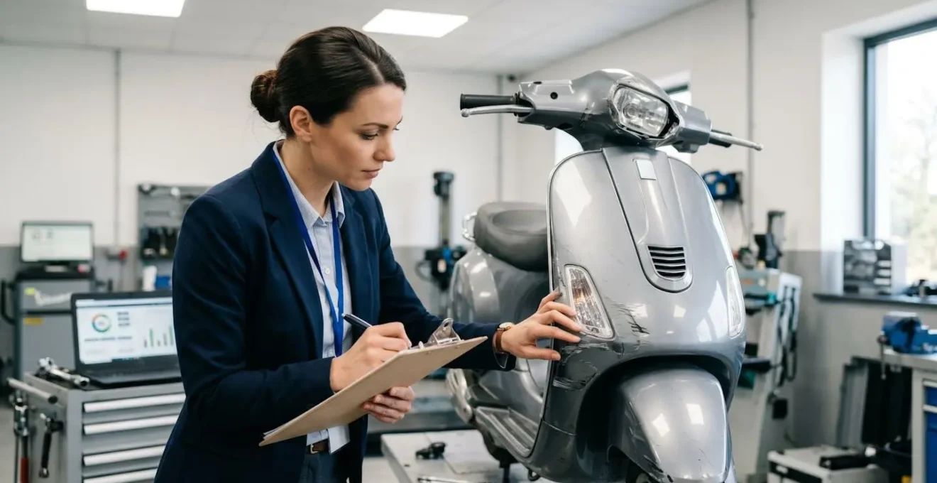 Expert automobile évaluant un scooter endommagé avec documents d'expertise et outils de diagnostic professionnels