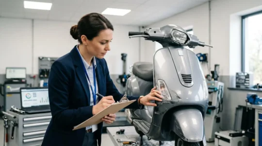 Expert automobile évaluant un scooter endommagé avec documents d'expertise et outils de diagnostic professionnels