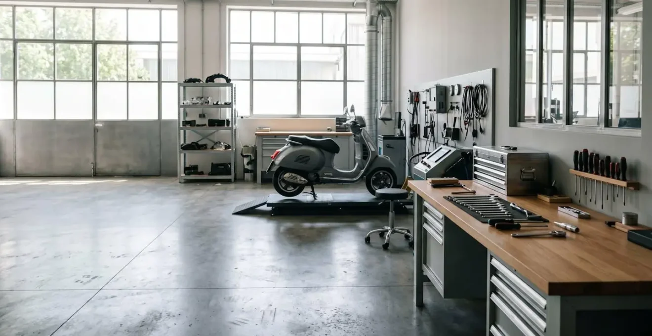 Vue d'atelier de mécanique spécialisé scooter avec outils professionnels et environnement de travail propre