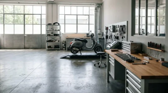 Vue d'atelier de mécanique spécialisé scooter avec outils professionnels et environnement de travail propre
