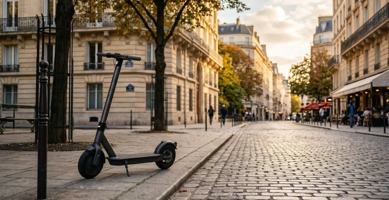 Scooter électrique d'autopartage stationné dans un environnement urbain