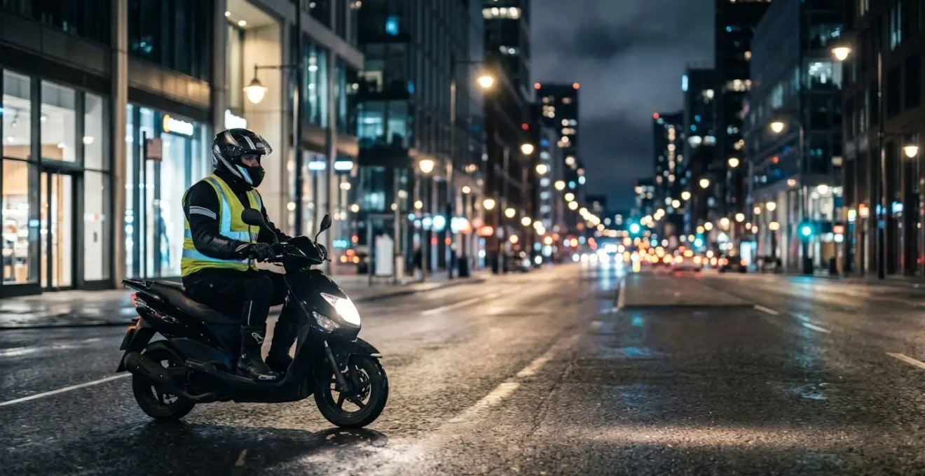 Conducteur de scooter équipé pour la visibilité nocturne sur route urbaine