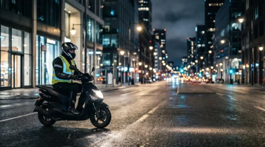 Conducteur de scooter équipé pour la visibilité nocturne sur route urbaine