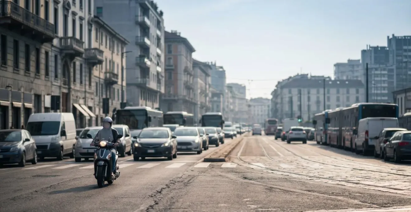 Scooter circulant prudemment dans une rue urbaine dense avec circulation automobile