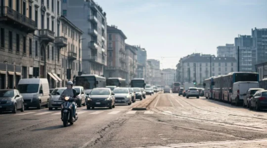 Scooter circulant prudemment dans une rue urbaine dense avec circulation automobile