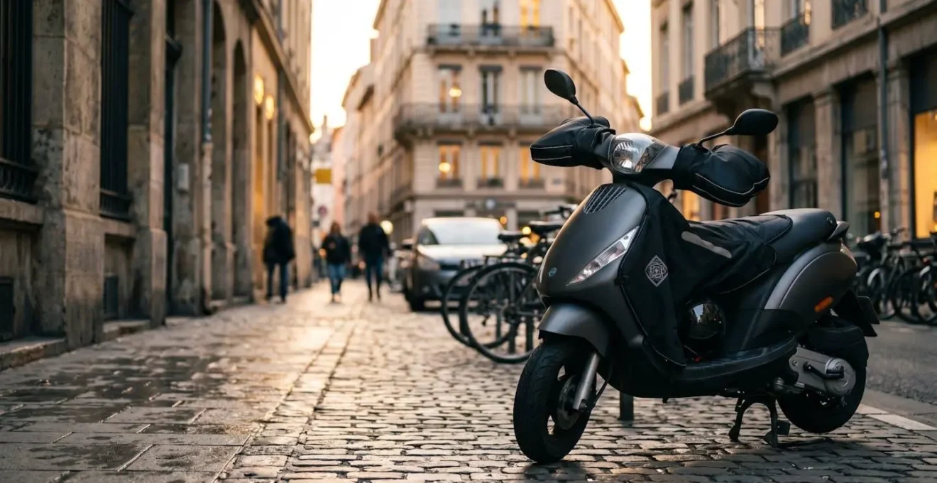 Scooter moderne équipé pour l'usage quotidien, avec accessoires de protection contre les intempéries